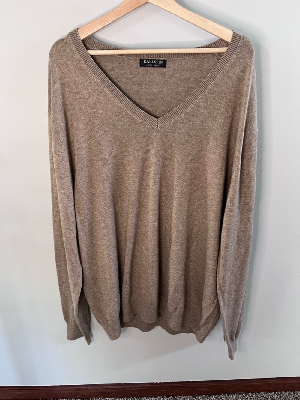 Kallspin Mens XXL Tall‎ Tan Wool Blend V-Neck Long Sleeve Pullover Sweater